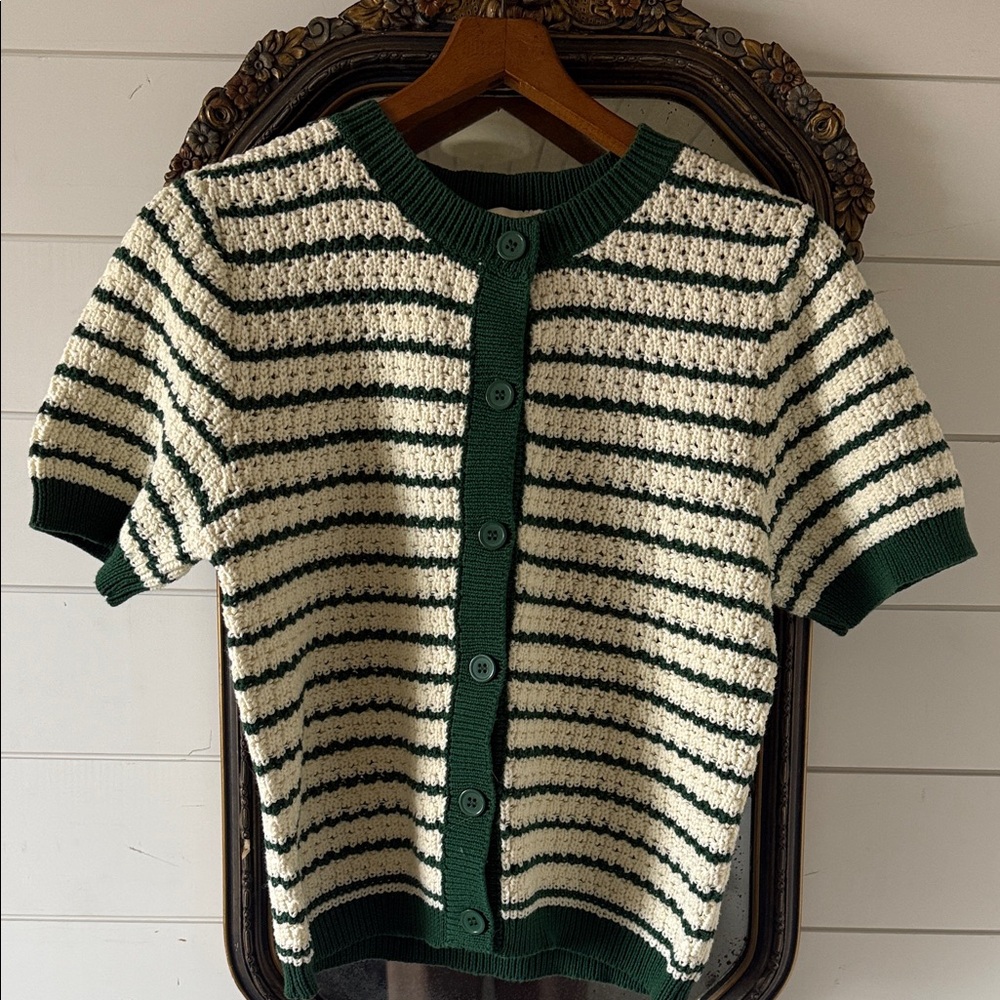 Pinch Green and Cream Striped Short Sleeve Button Cardigan